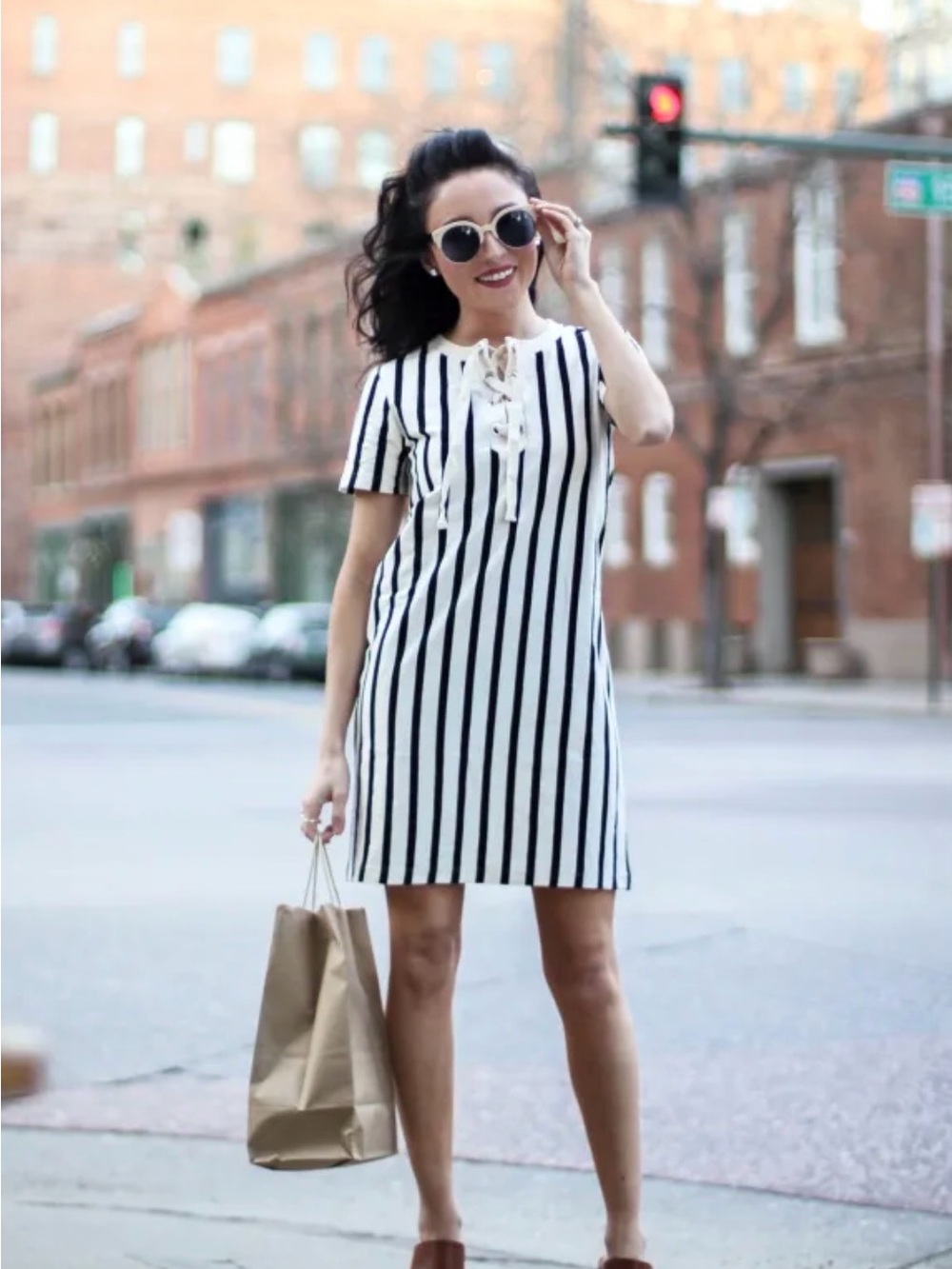 Zara Black and Cream Striped Lace-Up T-Shirt Dress